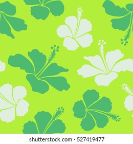 Vector of tropical hibiscus flowers in neutral and green colors with watercolor effect.
