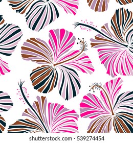 Vector of tropical hibiscus flowers in neutral, magenta and brown colors with watercolor effect on white background.