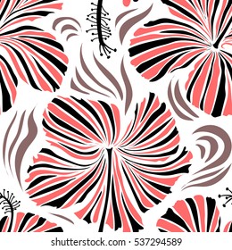 Vector of tropical hibiscus flowers in pink and black colors with watercolor effect on white background.