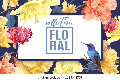 Vector tropical horizontal banner with bright flowers and hummingbird on dark blue. Exotic floral design for cosmetics, spa, perfume, health care products, wedding invitation.Best as summer background