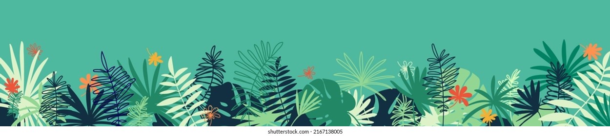 Vector tropical horizontal banner with copy space. Floral background with various palm leaves. Jungle summer backdrop.