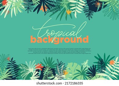 Vector tropical horizontal banner with copy space. Floral background with various palm leaves. Jungle summer backdrop.