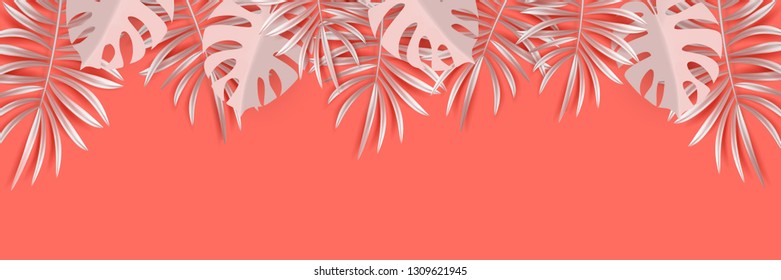 Vector tropical horizontal banner with silvery palm and monstera leaves on living coral backdrop. Exotic hawaiian jungle design, summertime background. Pastel minimal style