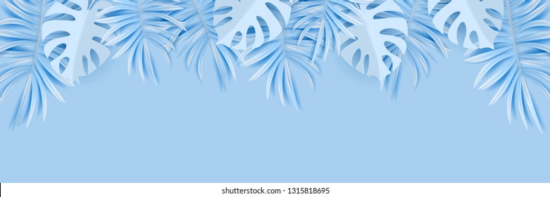 Vector tropical horizontal banner with silvery and blue palm leaves on light blue backdrop. Exotic hawaiian jungle winter design, wintertime background. Pastel minimal style