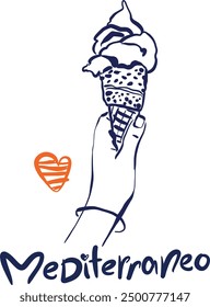 Vector tropical ice cream scene doodle. Hand-drawn ice cream cone isolated on white background. Tasty food illustration for design, print, fabric or background.