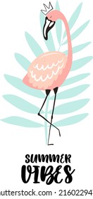 Ilustración vectorial tropical de un flamingo lindo en la corona con hoja de palma azul. Afiche hecho a mano para niños, vacaciones, ropa, decoración, textiles, tela, tarjeta, bebé. Videos de verano