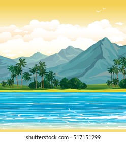 Ilustração tropical vetorial. Paisagem com montanhas, palmeiras e mar azul em um céu pôr do sol. Natureza selvagem.