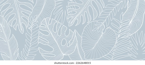 Vector tropical illustration in pale blue colors with palm leaves, monstera, fern for backgrounds, covers, decor, presentations, wallpapers