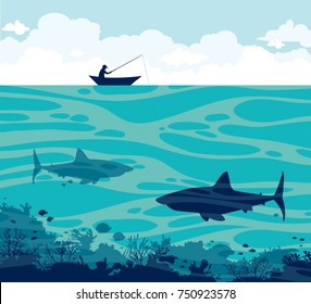 Vector tropical illustration with silhouette of angler above two big sharks and coral reef on a blue sea. Fisherman and tropical fish.