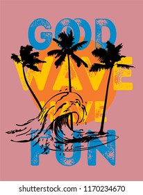 vector tropical illustration and sun and palm tree and surfing