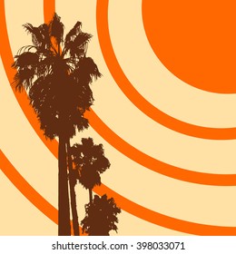 Vector tropical illustration with sun and palm trees. Summer sunset image