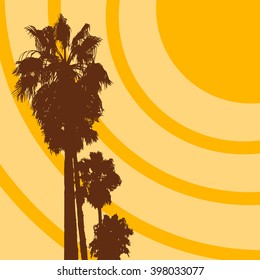 Vector tropical illustration with sun and palm trees. Summer sunrise image