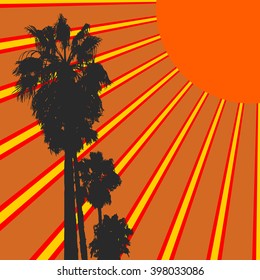 Vector tropical illustration with sun and palm trees. Summer sunset image