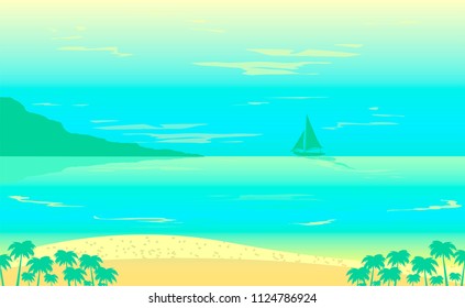 vector tropical island and blue ocean with sailing boat illustration