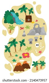 Vector tropical island icon. Cute sea isle with sand, palm trees, volcano, rocks, waterfall illustration. Treasure island picture with chest, gold coins, skull, bones. Funny pirate party element
