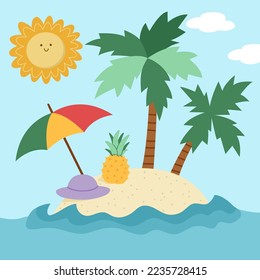 Vector tropical island landscape illustration. Holiday or vacations scene with uninhabited isle, umbrella, pineapple, sun, palm trees. Cute summer square background. Marine picture for kids
