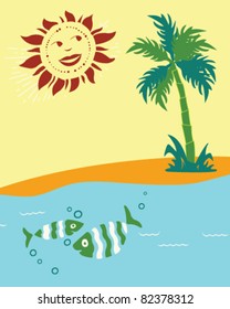 Vector tropical island scene with smiling sun, beach plants, and fish.