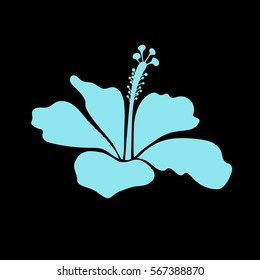 Vector tropical isolated hibiscus flower in blue on black colors with watercolor effect.