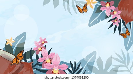 Vector tropical jungle background with palm trees and leaves. vector