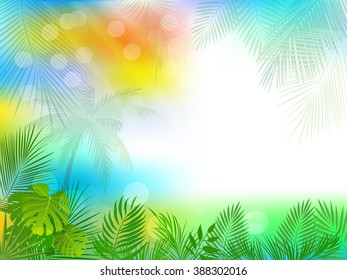 Vector tropical jungle background with palm trees and leaves.