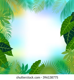 Vector tropical jungle background with palm trees and leaves.