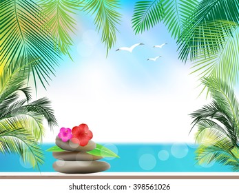 Vector tropical jungle background with palm leaves, flowers and stones . Spa still life vector background.