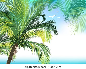 Vector tropical jungle background with palm trees and leaves.