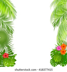 Vector tropical jungle background with palm trees and leaves.