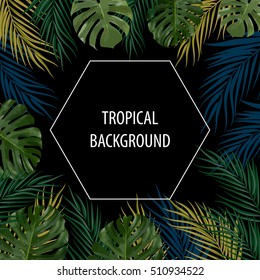 Vector tropical jungle background with palm trees and leaves.