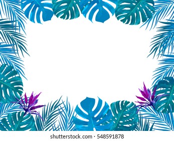 Vector tropical jungle background with palm trees and leaves.