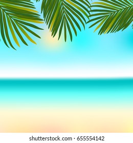 Vector tropical jungle background with palm trees and leaves.