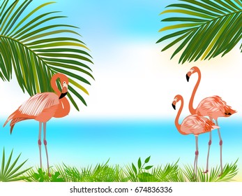 Vector tropical jungle background with pink flamingo, palm trees and leaves.