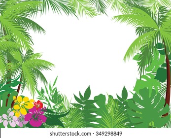 Vector tropical jungle background with trees and leaves.