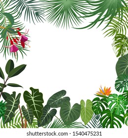 Vector tropical jungle banner, frame with palm trees, flowers and leaves on white background for wedding,quotes, Birthday and invitation cards,greeting cards, print, blogs, bridal cards.