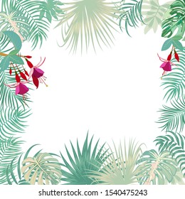 Vector tropical jungle banner, frame with palm trees, flowers and leaves on white background for wedding,quotes, Birthday and invitation cards,greeting cards, print, blogs, bridal cards.