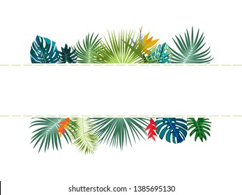 Vector tropical jungle banner with palm trees and leaves on white background for wedding,quotes, Birthday and invitation cards,greeting cards, print, blogs, bridal cards.