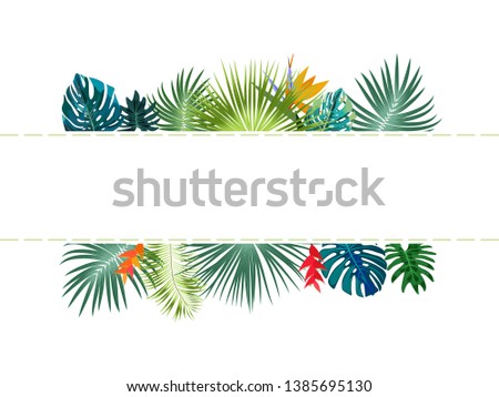 Vector tropical jungle banner with palm trees and leaves on white background for wedding,quotes, Birthday and invitation cards,greeting cards, print, blogs, bridal cards.