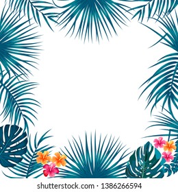 Vector tropical jungle blue frame with palm trees and leaves on white background for wedding,quotes, Birthday and invitation cards,greeting cards, print, blogs, bridal cards.