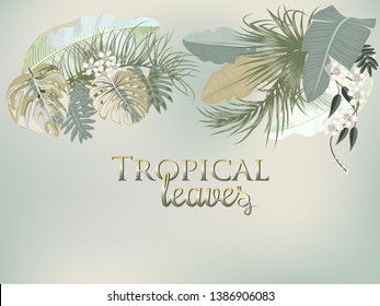 Vector tropical jungle cover with palm trees and leaves in olive green colors on white background for wedding,quotes, Birthday and invitation and greeting cards.