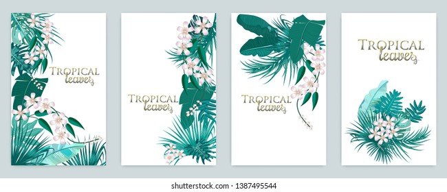 Vector tropical jungle cover set with palm trees and leaves in quetzal green colors for wedding,quotes, Birthday and invitation and greeting cards.