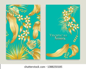 Vector tropical jungle cover set with palm trees and leaves in gold colors on greenish-blue background for wedding,quotes, Birthday and invitation and greeting cards.