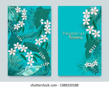 Vector tropical jungle cover set with palm trees and leaves on greenish-blue background for wedding,quotes, Birthday and invitation and greeting cards.