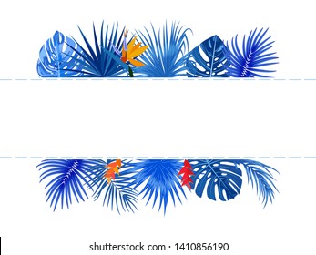 Vector tropical jungle frame with blue palm trees, flowers and leaves on white background for wedding,quotes, Birthday and invitation cards,greeting cards, print, blogs, bridal cards.