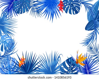 Vector tropical jungle frame with blue palm trees, flowers and leaves on white background for wedding,quotes, Birthday and invitation cards,greeting cards, print, blogs, bridal cards.