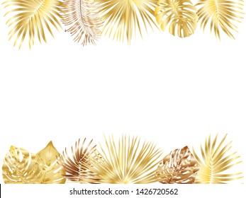 Vector tropical jungle frame with gold palm trees and leaves on white background for wedding,quotes, Birthday and invitation cards,greeting cards, print, blogs, bridal cards.