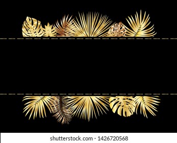Vector tropical jungle frame with gold palm trees and leaves on black background for wedding,quotes, Birthday and invitation cards,greeting cards, print, blogs, bridal cards.