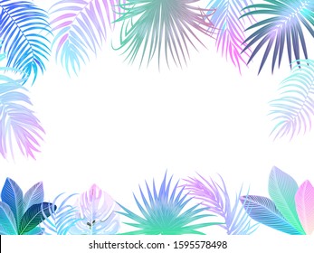 Vector tropical jungle frame with neon palm trees, flowers and leaves on white background for wedding,quotes, Birthday and invitation cards,greeting cards, print, blogs, bridal cards.