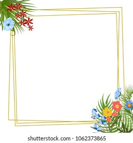 Vector tropical jungle frame with palm trees and flowers on white background