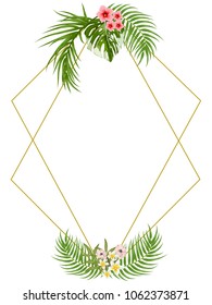 Vector tropical jungle frame with palm trees and flowers on white background