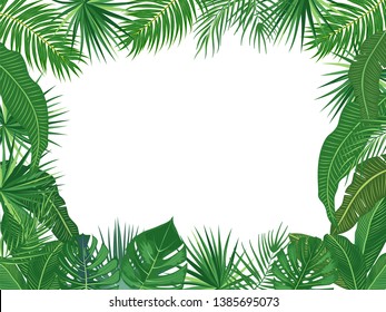 Vector tropical jungle frame with palm trees and leaves on white background for wedding,quotes, Birthday and invitation cards,greeting cards, print, blogs, bridal cards.